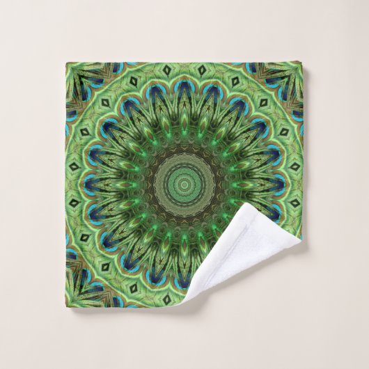 Peacock Feather Mandala Emerald en Blue Symmetry Bad Handdoek (Wasdoekje)