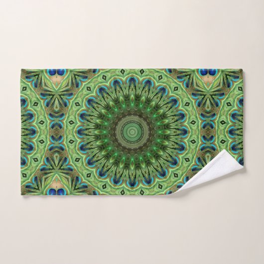 Peacock Feather Mandala Emerald en Blue Symmetry Bad Handdoek (Handdoek)