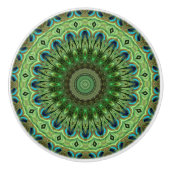 Peacock Feather Mandala Emerald en Blue Symmetry Keramische Knop (Voorkant)