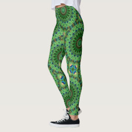 Peacock Feather Mandala Emerald en Blue Symmetry Leggings