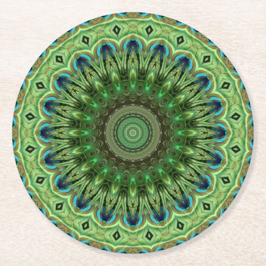 Peacock Feather Mandala Emerald en Blue Symmetry Ronde Kartonnen Onderzetter (Voorkant)