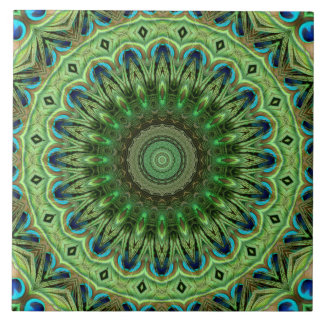 Peacock Feather Mandala Emerald en Blue Symmetry Tegeltje