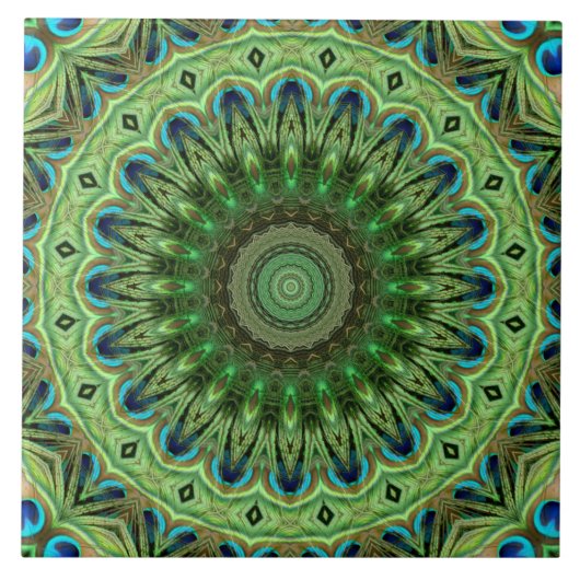 Peacock Feather Mandala Emerald en Blue Symmetry Tegeltje (Voorkant)