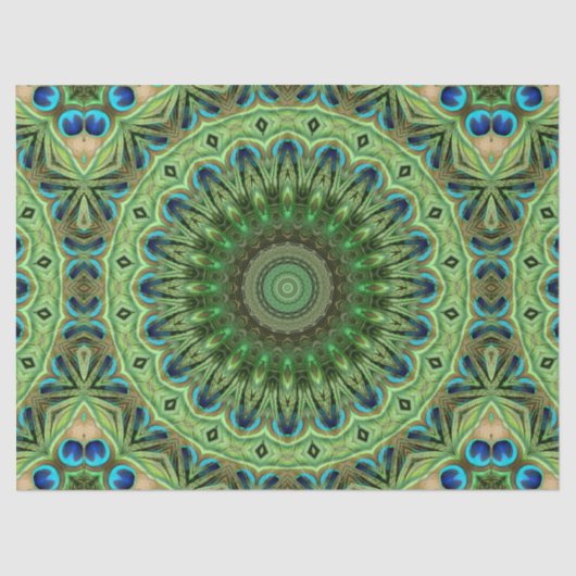 Peacock Feather Mandala Emerald en Blue Symmetry Tissuepapier (Voorkant)