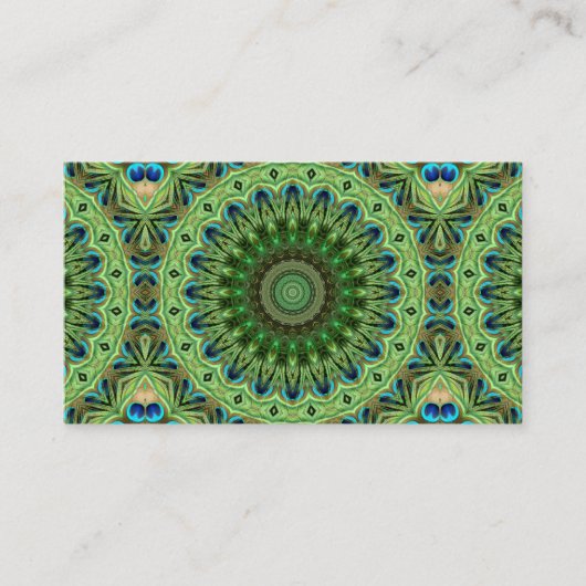 Peacock Feather Mandala Emerald en Blue Symmetry Visitekaartje (Voorkant)
