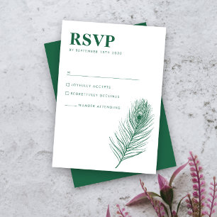 Peacock Feather Minimale Groene Bruiloft RSVP Kaar Kaartje