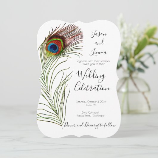 Peacock Feather Minimalist Elegant Uitnodiging (Staand voorkant)