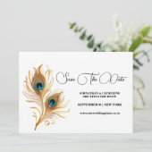 Peacock feather minimalist plain save the date kaart (Staand voorkant)