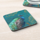 Peacock Feather Modern Elegant Blue w Gold Glitter Bier Onderzetter (Linkerzijde)