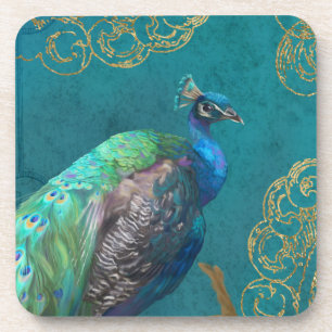 Peacock Feather Modern Elegant Blue w Gold Glitter Bier Onderzetter