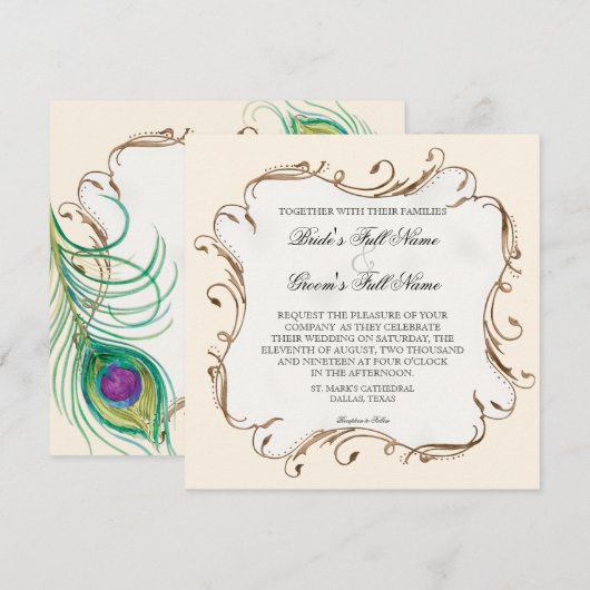 Peacock Feather n Swirls Modern Wedding Invitation Kaart (Voorkant / Achterkant)
