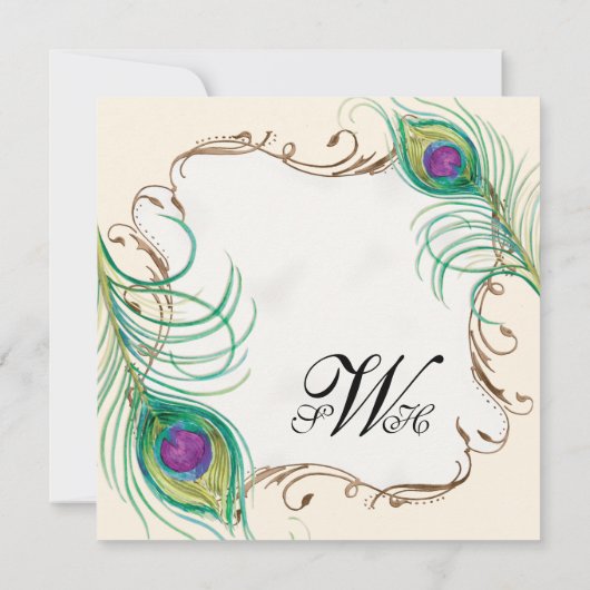 Peacock Feather n Swirls Modern Wedding Invitation Kaart (Achterkant)