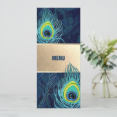 Peacock Feather Navy Blauw Goud Bruiloft Menu Kaar (Staand voorkant)