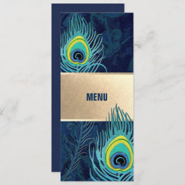 Peacock Feather Navy Blauw Goud Bruiloft Menu Kaar