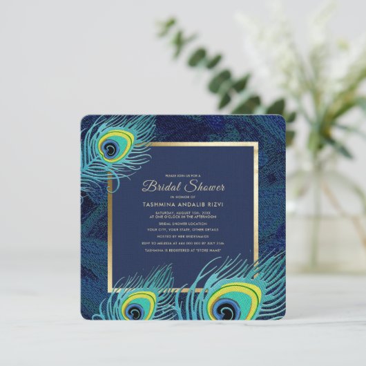 Peacock Feather Navy Blue Gold Vrijgezellenfeest Kaart (Staand voorkant)