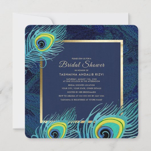 Peacock Feather Navy Blue Gold Vrijgezellenfeest Kaart (Voorkant)