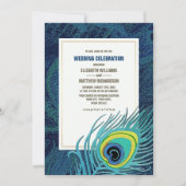 Peacock Feather Navy Blue Gold Wedding Kaart (Voorkant)