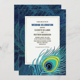 Peacock Feather Navy Blue Gold Wedding Kaart