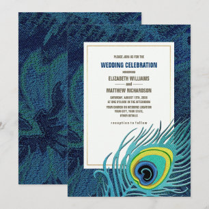 Peacock Feather Navy Blue Gold Wedding Kaart