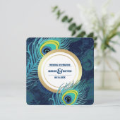 Peacock Feather Navy Blue Gold Wedding Kaart (Staand voorkant)
