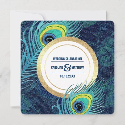 Peacock Feather Navy Blue Gold Wedding Kaart (Voorkant)