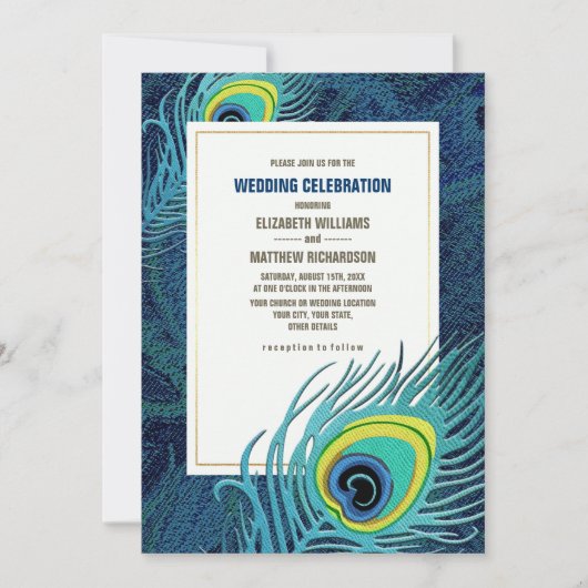 Peacock Feather Navy Blue Gold Wedding Kaart (Voorkant)