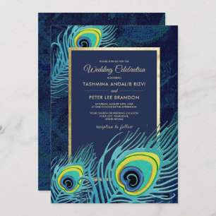 Peacock Feather Navy Blue Gold Wedding Kaart
