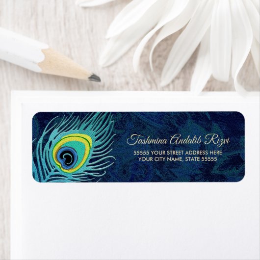 Peacock Feather Navy Blue Return Address Labels (Insitu)