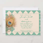 Peacock Feather on Blauwgroen Tile Wedding Invitat Kaart (Voorkant)