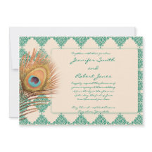 Peacock Feather on Blauwgroen Tile Wedding Invitat