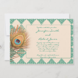 Peacock Feather on Blauwgroen Tile Wedding Invitat Kaart