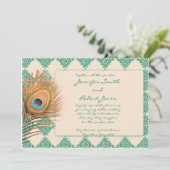 Peacock Feather on Blauwgroen Tile Wedding Invitat Kaart (Staand voorkant)