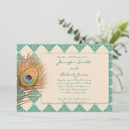 Peacock Feather on Blauwgroen Tile Wedding Invitat Kaart (Staand voorkant)