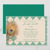 Peacock Feather on Blauwgroen Tile Wedding Invitat Kaart (Voorkant / Achterkant)