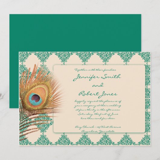 Peacock Feather on Blauwgroen Tile Wedding Invitat Kaart (Voorkant / Achterkant)