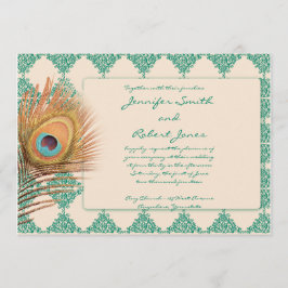 Peacock Feather on Blauwgroen Tile Wedding Invitat Kaart