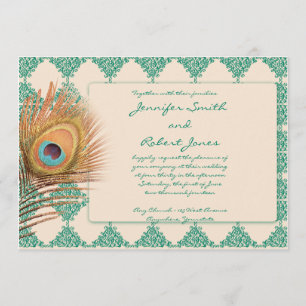 Peacock Feather on Blauwgroen Tile Wedding Invitat Kaart