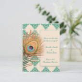 Peacock Feather op de Blauwgroen Marokkaanse Tegel Save The Date (Staand voorkant)