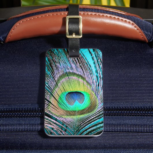Peacock Feather op Turquoise Bagagelabel (Voorkant Insitu 2)