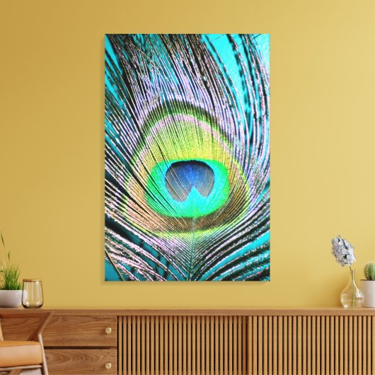 Peacock Feather op Turquoise Canvas Afdruk (Insitu (Woonkamer))