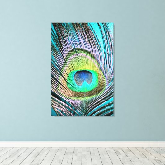 Peacock Feather op Turquoise Canvas Afdruk (Insitu (Houten vloer))