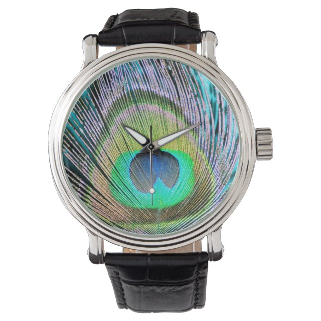 Peacock Feather op Turquoise Horloge (Voorkant)