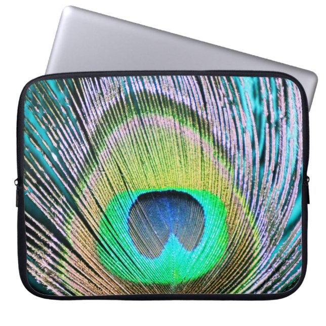 Peacock Feather op Turquoise Laptop Sleeve (Voorkant)