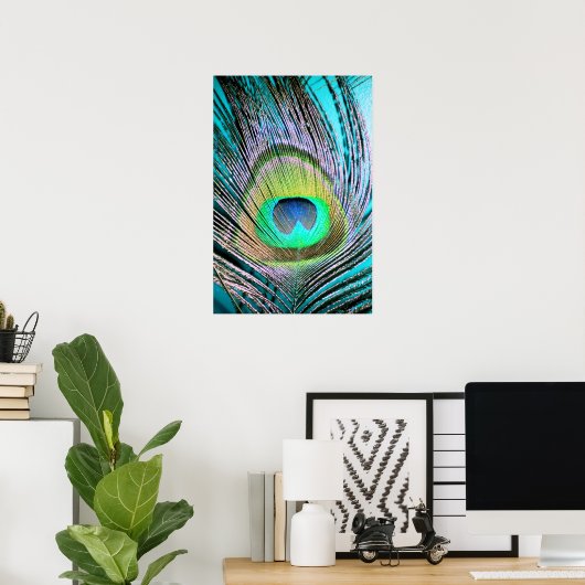 Peacock Feather op Turquoise Poster (Thuiskantoor)