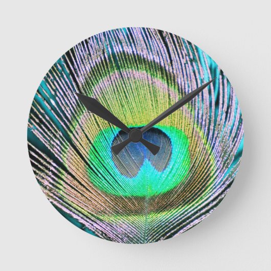 Peacock Feather op Turquoise Ronde Klok (Voorkant)