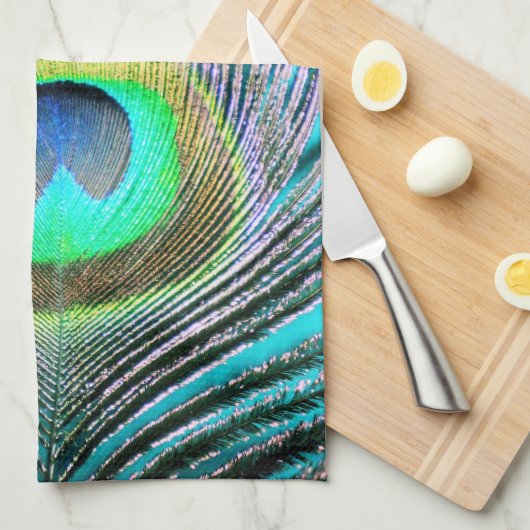 Peacock Feather op Turquoise Theedoek (Quarter Fold)