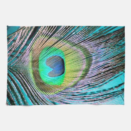Peacock Feather op Turquoise Theedoek (Horizontaal)