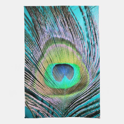 Peacock Feather op Turquoise Theedoek (Verticaal)