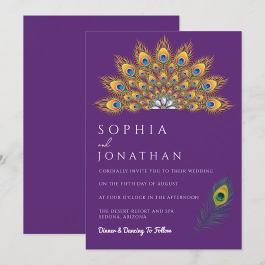Peacock Feather Paars Wedding Modern Chic Kaart (Voorkant / Achterkant)