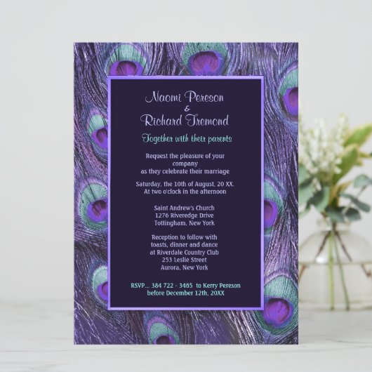 Peacock Feather Paarse 6,5 inch x 8 bruiloft uitno Kaart (Staand voorkant)